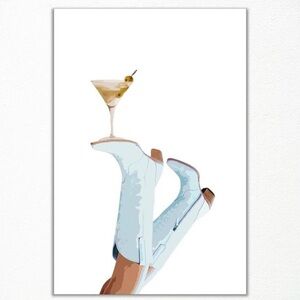 Stylish Art Print of Country Cowgirl Boots & Martini + Wooden Hanging Frame